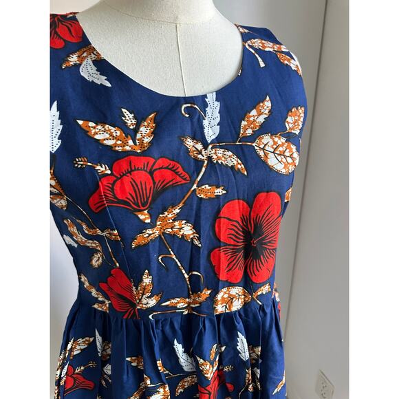 Vintage Handmade Dress Hawaiian hibiscus Print Knee Length Size Small Blue Red - Picture 3 of 9